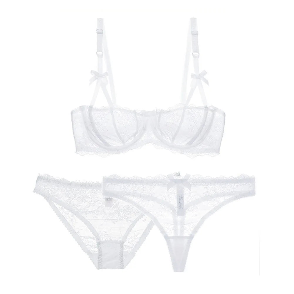 Varsbaby Bowknot half cup bra three-piece bra + briefs + thong sexy cute underwear plus size bra set