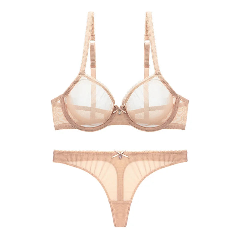 Varsbaby Sexy Lace Unlined Underwear Set Solid Transparent Three Quarters Yarn Thong Plus Size Bra Set