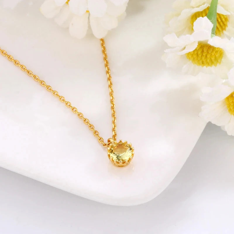 2026 New Gold Plated Crown Bezel Round Citrine Pendant Necklace Single Yellow Gem Dainty Chain Choker For Women Jewelry