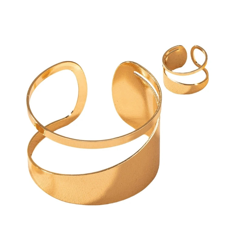 Elegant Gold Jewelry Set Unique Women's Gold Jewelry Set with Hollow Circular Rings and Bangles for Gatherings P9YF