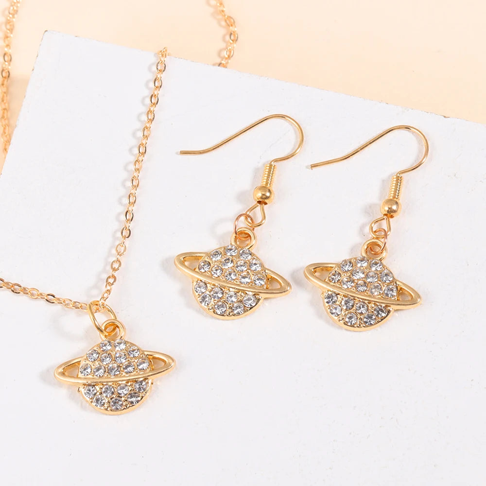 Gold/Silver Color Jewelry Set Luxury Shining Zircon Bear Crown Planet Earrings Necklace Sets For Party Anniversary Exquisite Gif