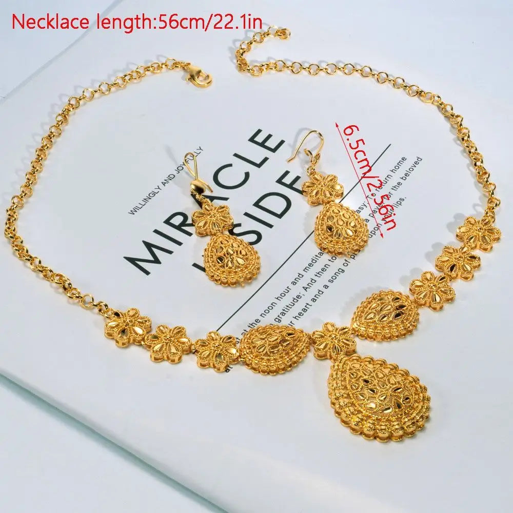 24K Gold Dubai Jewelry Sets Gifts Plated Gold Color Necklace Earring Set Dubai India Style Luxury African Bridal Jewelry Sets
