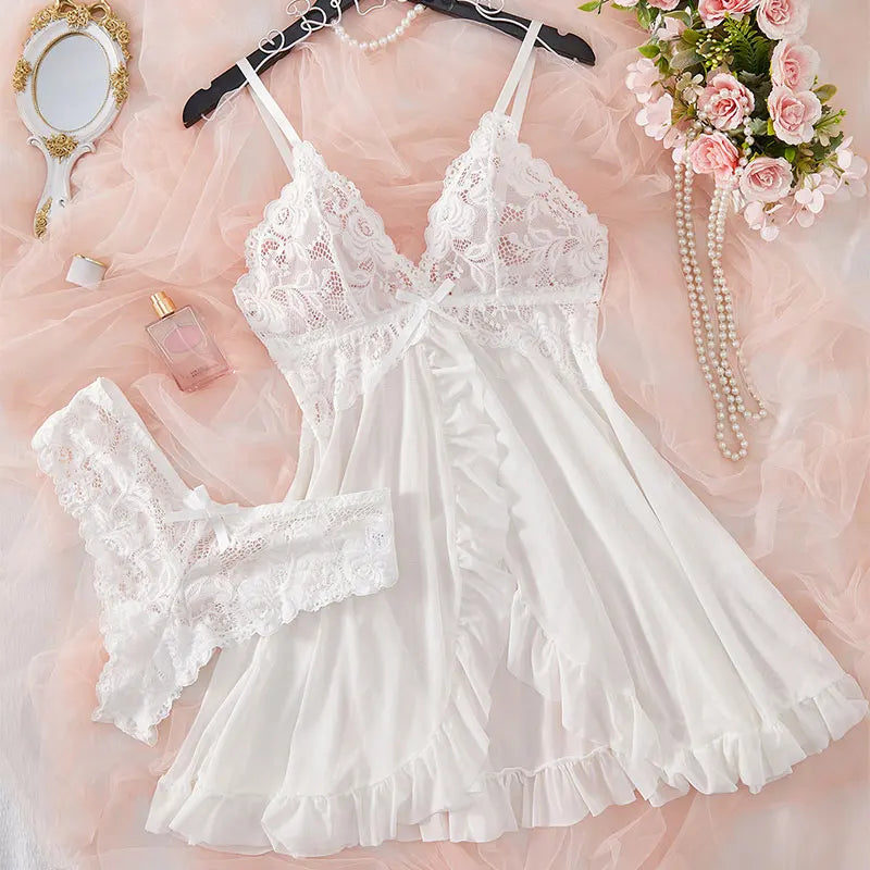 Women's Plus Size Bra Thong Nightgown Set Tulle Sexy Lingerie Exquisite Woman Lencerias Hot Underwear Pajamas G-string Suits