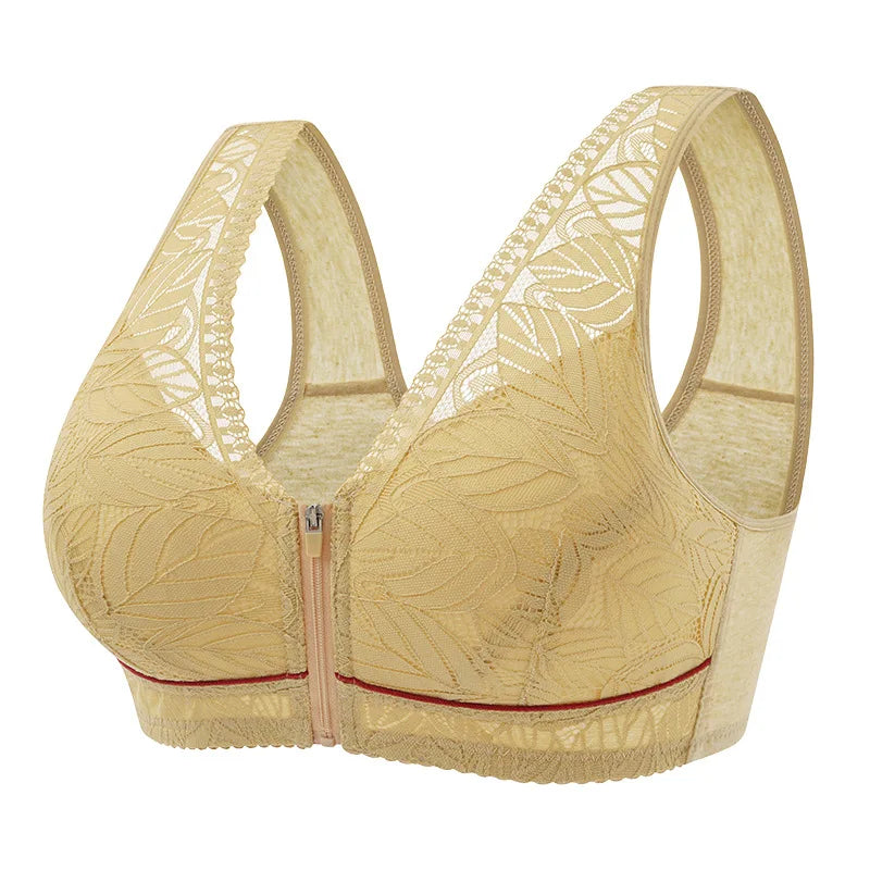 Front zipper Soft cotton cups Bra breathable women wireless underwear lace strap tank leaves top plus size bra