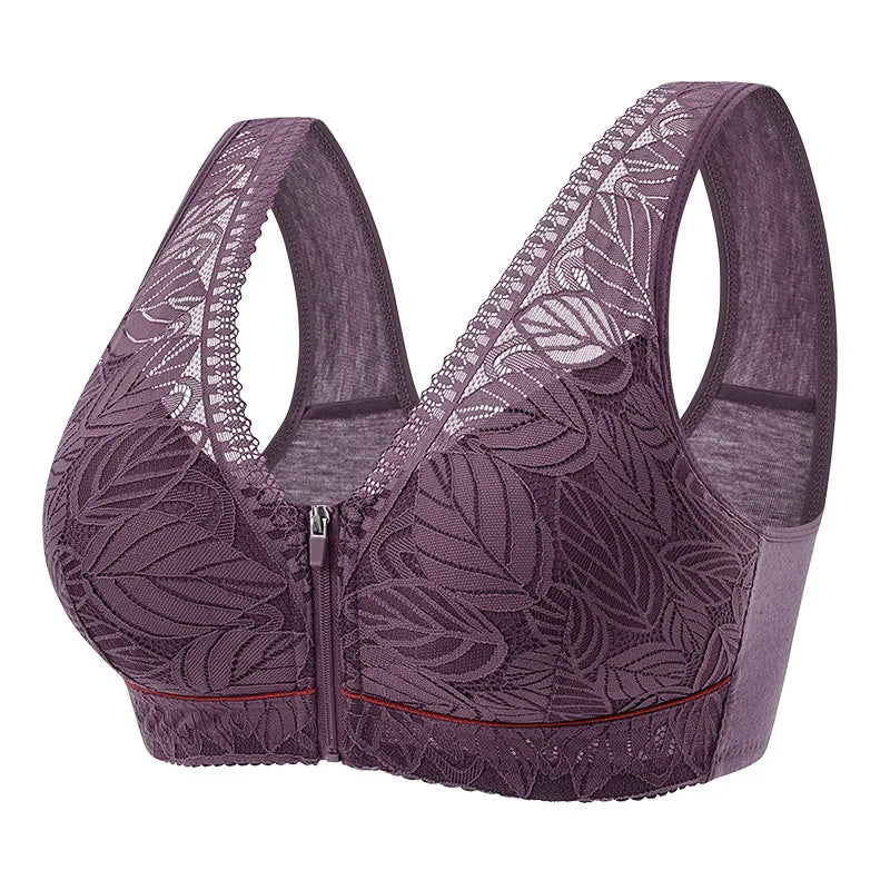 Front zipper Soft cotton cups Bra breathable women wireless underwear lace strap tank leaves top plus size bra