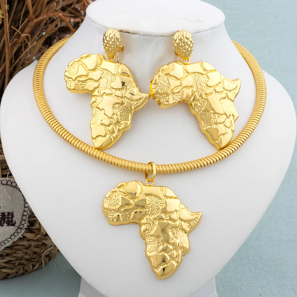 African Gold Color Jewelry Set for Women Large Earrings and Pendant Italian Luxury Necklace Bangle Ring Weddings Jewellery Gift