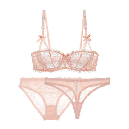 Varsbaby Bowknot half cup bra three-piece bra + briefs + thong sexy cute underwear plus size bra set