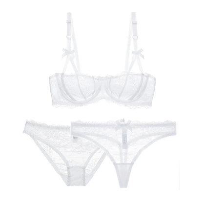 Varsbaby Bowknot half cup bra three-piece bra + briefs + thong sexy cute underwear plus size bra set