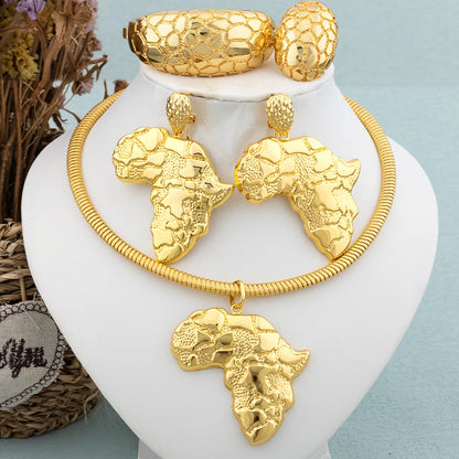 African Gold Color Jewelry Set for Women Large Earrings and Pendant Italian Luxury Necklace Bangle Ring Weddings Jewellery Gift