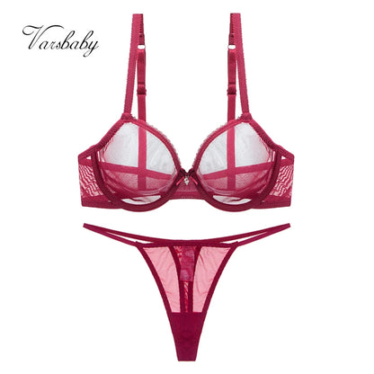 Varsbaby Ladies underwear summer thin mesh bra set transparent gather breathable sexy thong plus size bra set