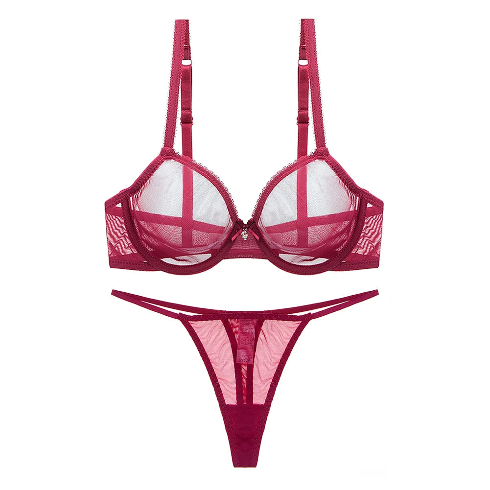 Varsbaby Ladies underwear summer thin mesh bra set transparent gather breathable sexy thong plus size bra set