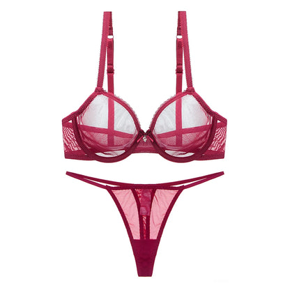 Varsbaby Ladies underwear summer thin mesh bra set transparent gather breathable sexy thong plus size bra set
