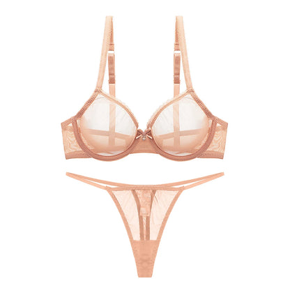 Varsbaby Ladies underwear summer thin mesh bra set transparent gather breathable sexy thong plus size bra set