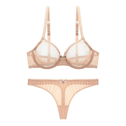 Varsbaby Sexy Lace Unlined Underwear Set Solid Transparent Three Quarters Yarn Thong Plus Size Bra Set