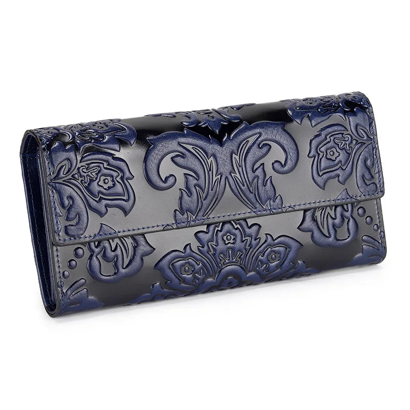 Genuine Leather Purse Women Large Real Leather Clutch Long Women's Cow Leather Purses Floral Ladies Wallets