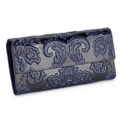 Genuine Leather Purse Women Large Real Leather Clutch Long Women's Cow Leather Purses Floral Ladies Wallets