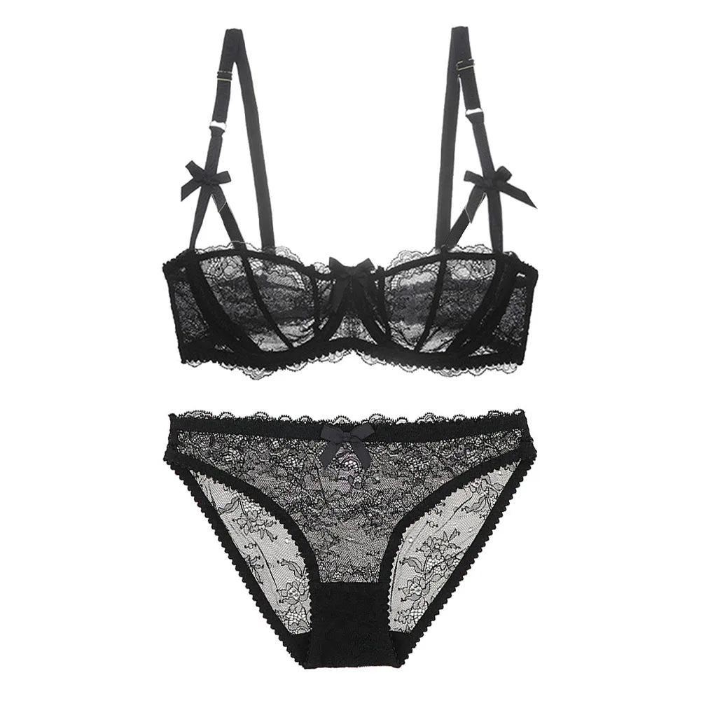 Varsbaby Sexy Lace Bra Underwear Set 2pcs Half Cup Bra Breathable See-through Briefs Sexy Lingerie plus size bra set