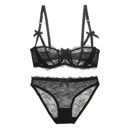 Varsbaby Sexy Lace Bra Underwear Set 2pcs Half Cup Bra Breathable See-through Briefs Sexy Lingerie plus size bra set
