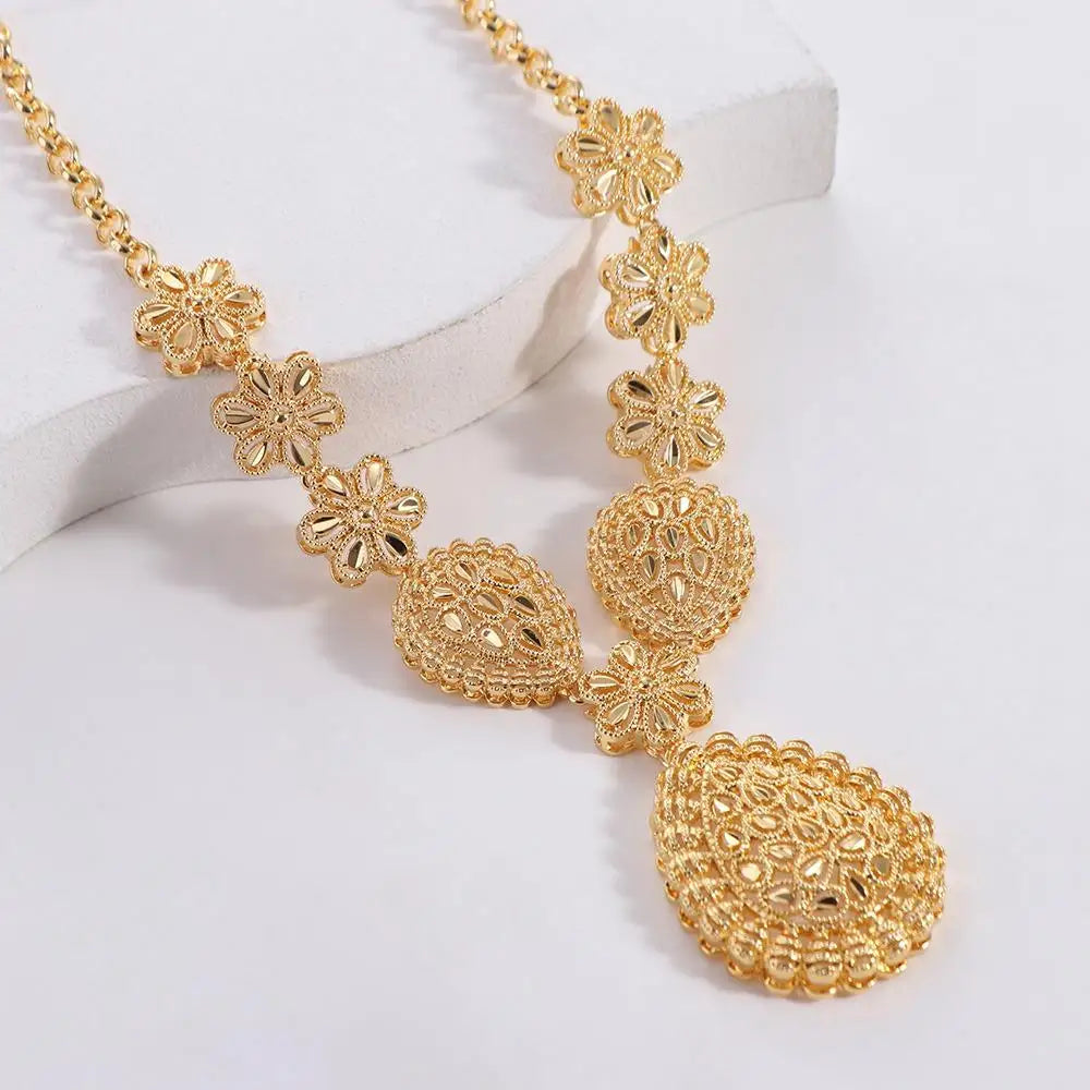 24K Gold Dubai Jewelry Sets Gifts Plated Gold Color Necklace Earring Set Dubai India Style Luxury African Bridal Jewelry Sets