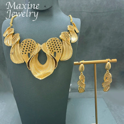 18K Gold Plated Jewelry Set for Women Fashion Necklace Earrings Eardrop Dubai Trendy Female Luxury Retro Wedding Party Gifts