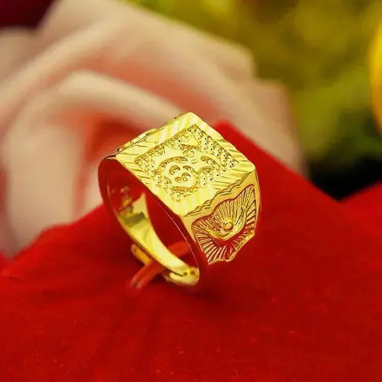 Pure gold ring same style mens AU999 real   24K agate Pixiu God of Wealth adjustable  inlaid jade jewelry