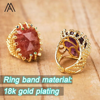 Luxury Vintage Gemstone Ring 18K Gold-Plated Women's Ring Natural Crystal Labradorite Rings Daily Wear Jewelry Gift Jewels