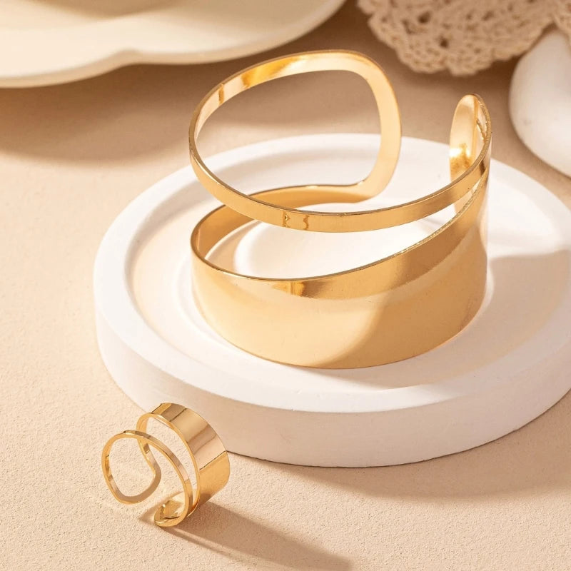 Elegant Gold Jewelry Set Unique Women's Gold Jewelry Set with Hollow Circular Rings and Bangles for Gatherings P9YF