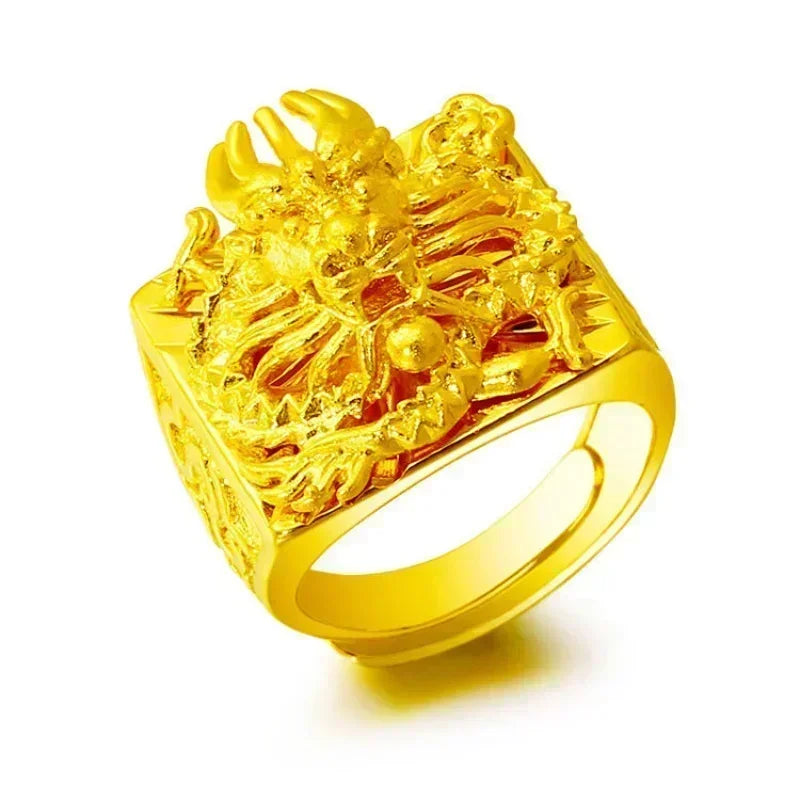 Pure gold ring same style mens AU999 real   24K agate Pixiu God of Wealth adjustable  inlaid jade jewelry