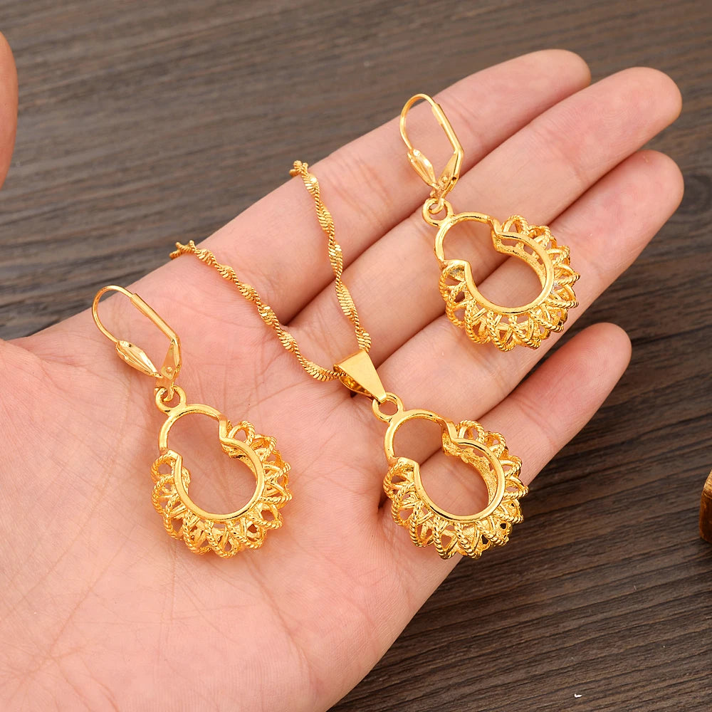 Fashion Gold Color Jewelry for Women Necklace Earrings Set Party Accessories Dubai India Africa Gift