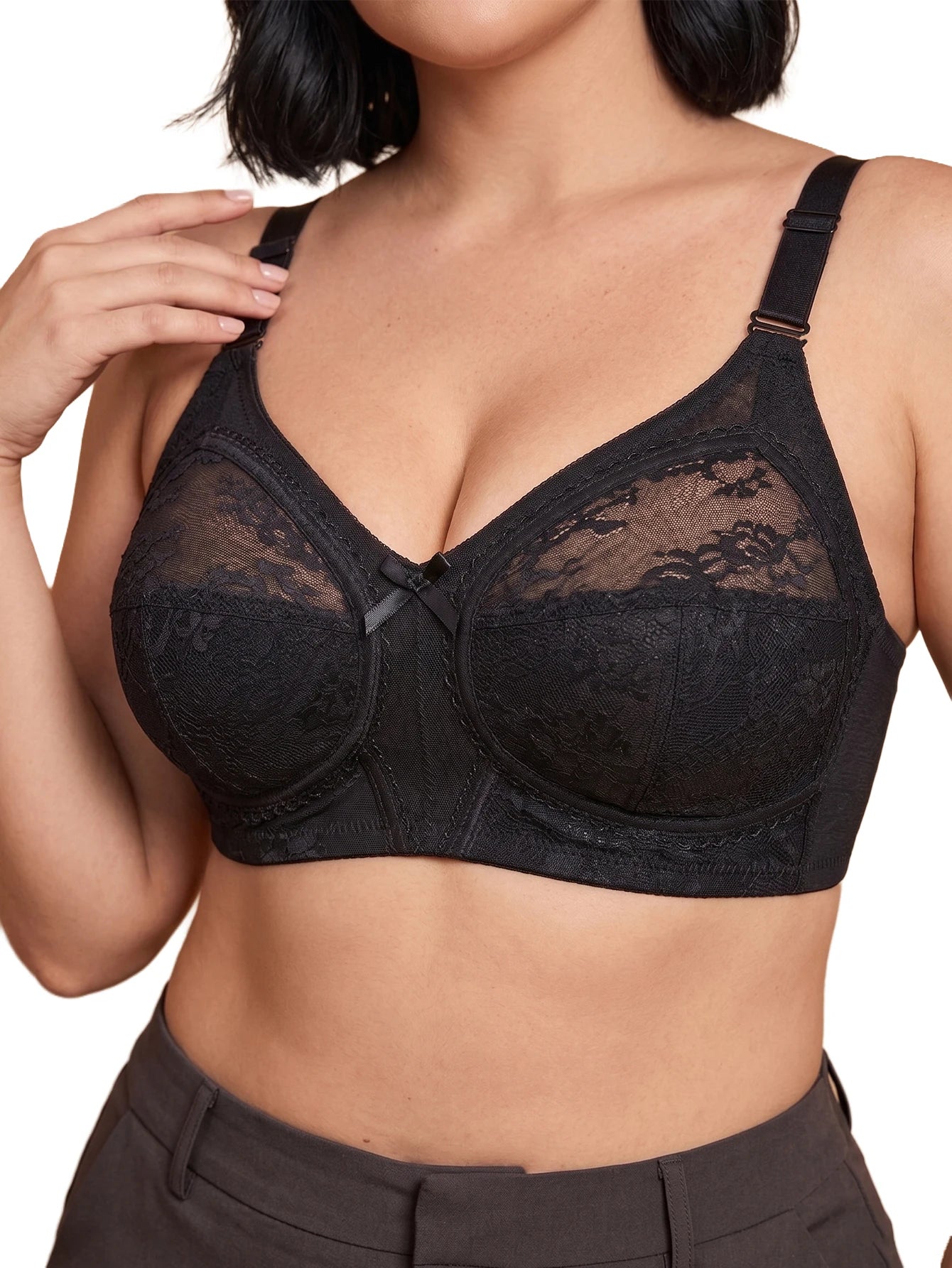 Women Plus Size Full Coverage Bra Floral Lace Sheer Anti Sagging Large Bust Comfortable Wireless Unlined Brassiere