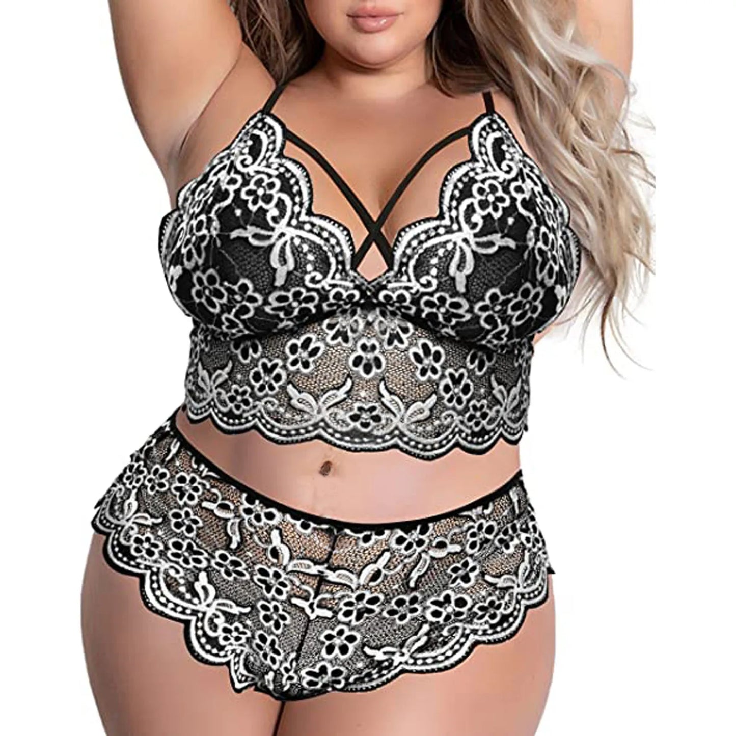 Plus Size Bra 2 Pieces Sets Sexy Lingerie Women Lace Embroidery Bra & Brief Sets Underwear Sleepwear Pajamas Exotic Set 4XL