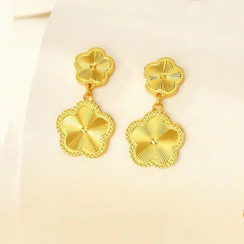 Real Gold 18 K Color Flower Shape Pendant Bracelet Necklace for Women Engagement Birthday Valentine's Day Jewelry Set Gifts