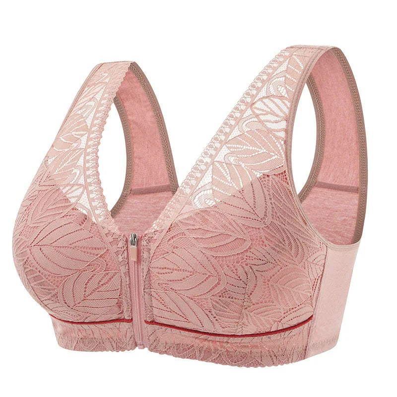 Front zipper Soft cotton cups Bra breathable women wireless underwear  lace strap tank leaves top plus size bra