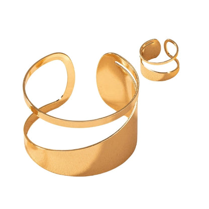 Elegant Gold Jewelry Set Unique Women's Gold Jewelry Set with Hollow Circular Rings and Bangles for Gatherings P9YF