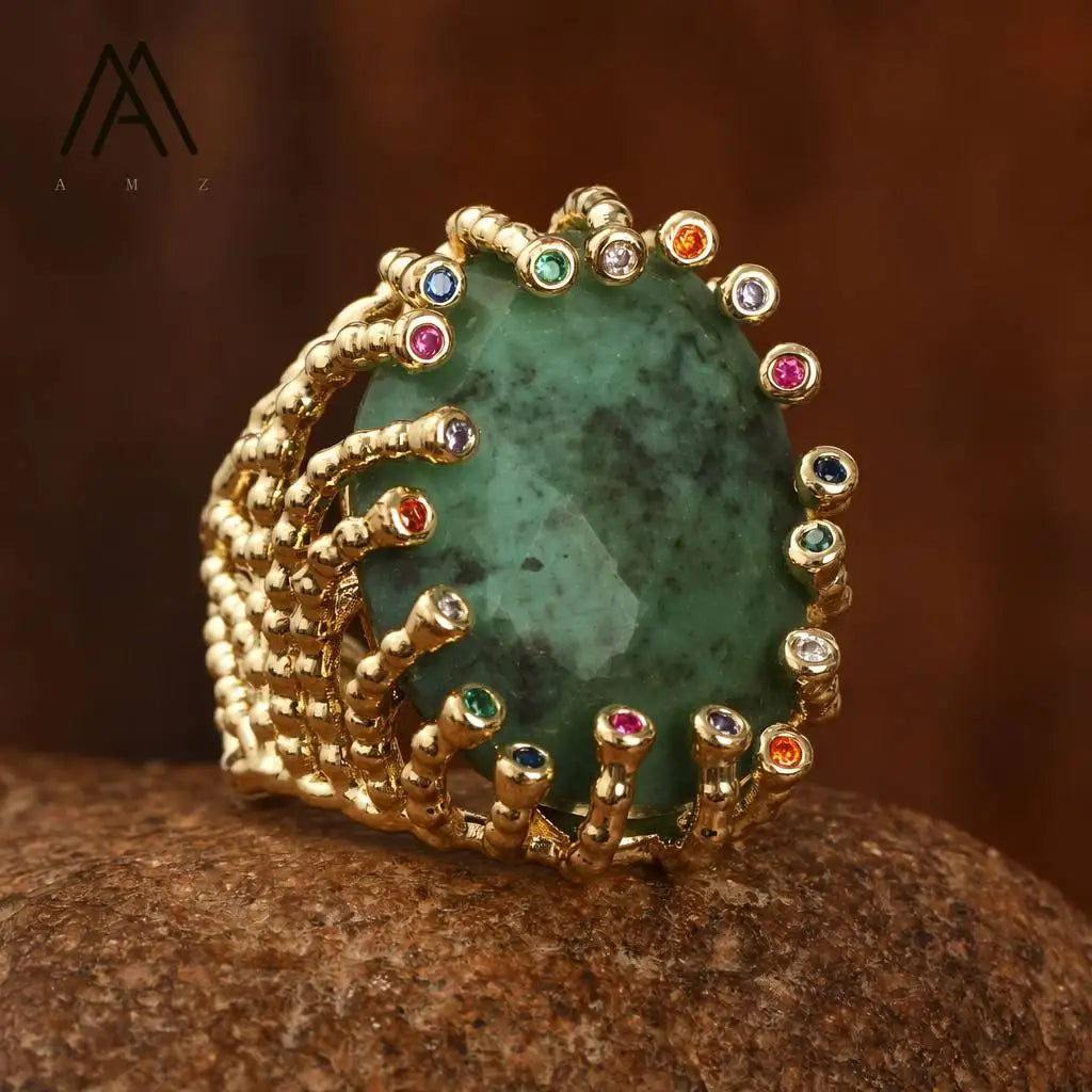 Luxury Vintage Gemstone Ring 18K Gold-Plated Women's Ring Natural Crystal Labradorite Rings Daily Wear Jewelry Gift Jewels