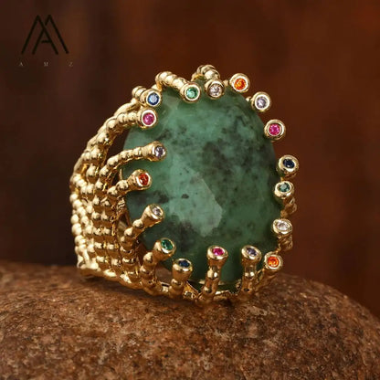 Luxury Vintage Gemstone Ring 18K Gold-Plated Women's Ring Natural Crystal Labradorite Rings Daily Wear Jewelry Gift Jewels