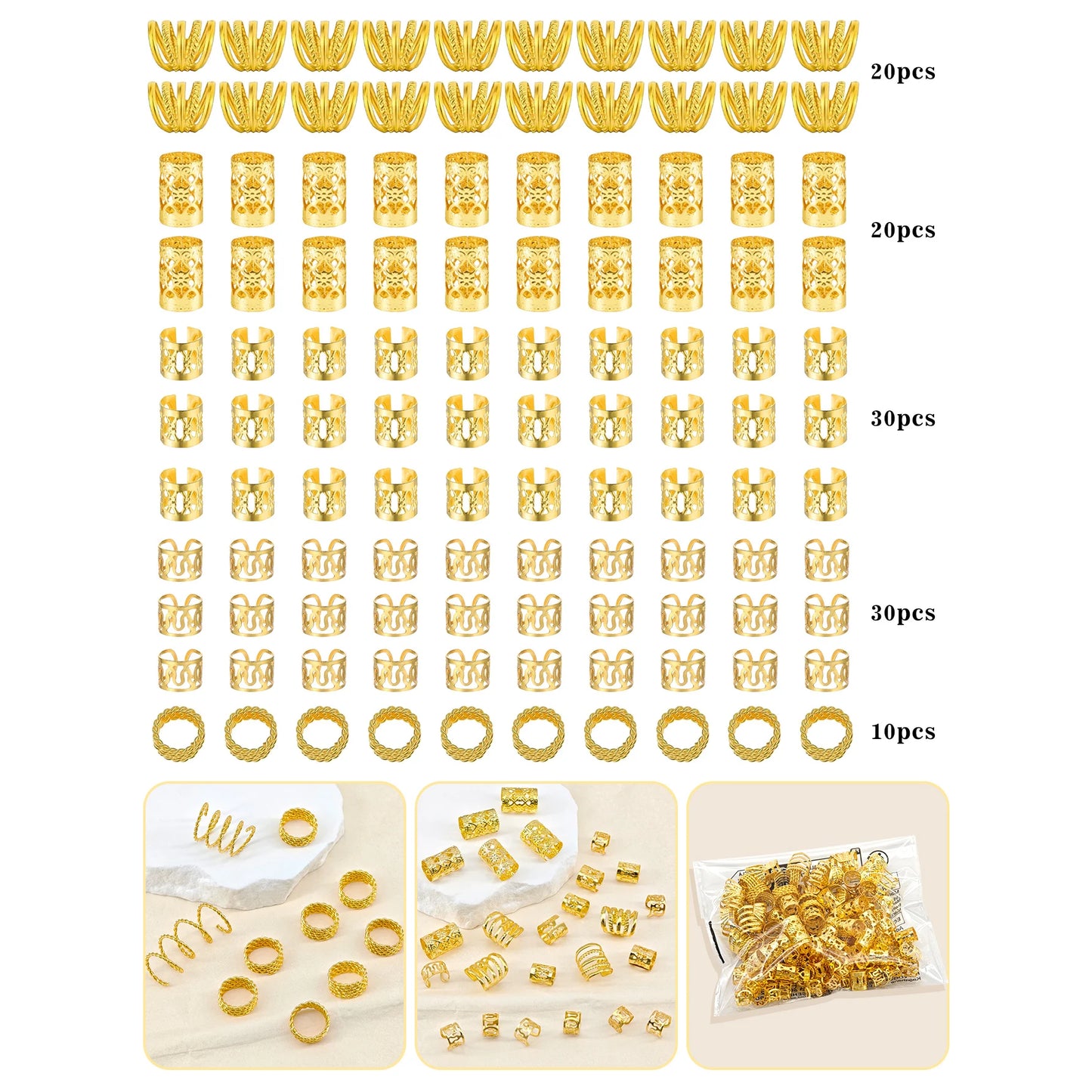110 Pcs Gold Hair Jewelry for Braids and Dreadlocks - Metal Rings, Cuffs, Clips Accessory Decorations - Golden Yellow