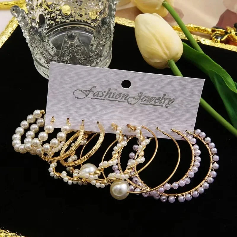 Fashion women's round earrings set, imitation pearl plated K gold jewelry gift