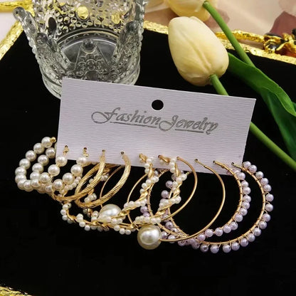Fashion women's round earrings set, imitation pearl plated K gold jewelry gift