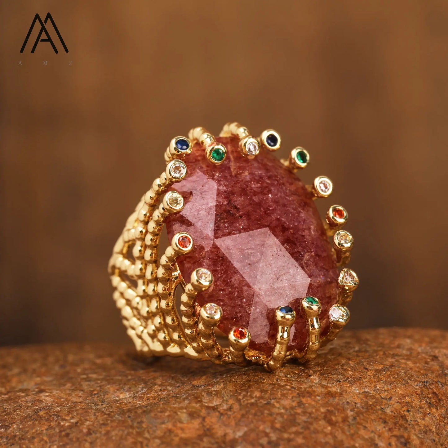 Luxury Vintage Gemstone Ring 18K Gold-Plated Women's Ring Natural Crystal Labradorite Rings Daily Wear Jewelry Gift Jewels