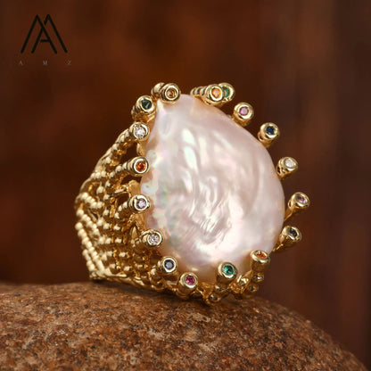Luxury Vintage Gemstone Ring 18K Gold-Plated Women's Ring Natural Crystal Labradorite Rings Daily Wear Jewelry Gift Jewels