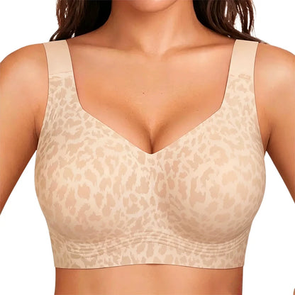Women's Plus Size Seamless Jelly Soft Support Bra Leopard Print Wire-Free Full Cup Thin Bra Breathable Push Up Bra Large Bust