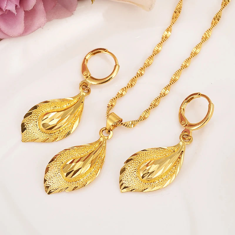 Fashion Gold Color Jewelry for Women Necklace Earrings Set Party Accessories Dubai India Africa Gift