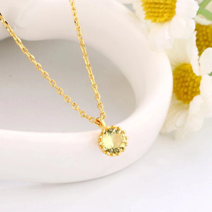 2026 New Gold Plated Crown Bezel Round Citrine Pendant Necklace Single Yellow Gem Dainty  Chain Choker For Women Jewelry