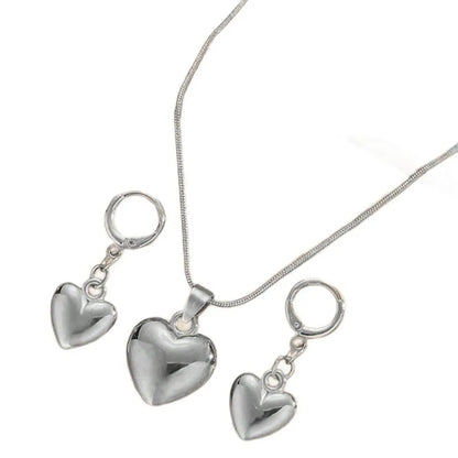 Glossy Gold Plated Metal Love Heart Dangle Earrings Necklace Jewelry Set for Women Simple Dainty Daily Wear Outfit Accessories