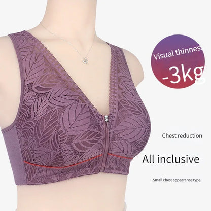 Front zipper Soft cotton cups Bra breathable women wireless underwear  lace strap tank leaves top plus size bra