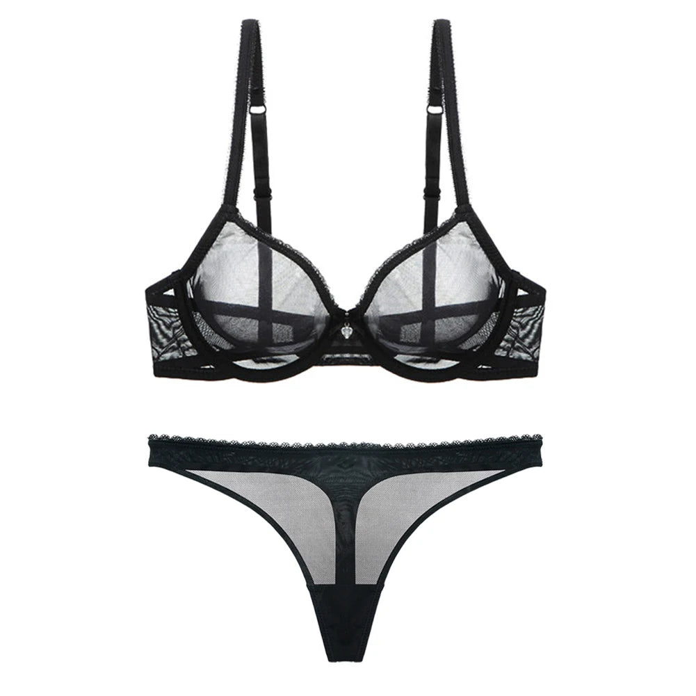 Varsbaby Sexy Lace Unlined Underwear Set Solid Transparent Three Quarters Yarn Thong Plus Size Bra Set