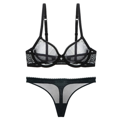 Varsbaby Sexy Lace Unlined Underwear Set Solid Transparent Three Quarters Yarn Thong Plus Size Bra Set