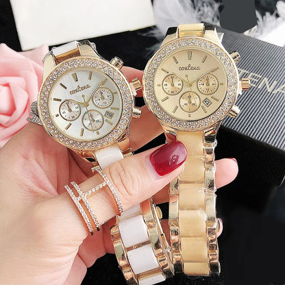 CONTENA Brand Women's Watch Top Luxury Crystal Rose Gold Watches for Women Quartz Wristwatch Bracelet Fashion Clock Montre Femme