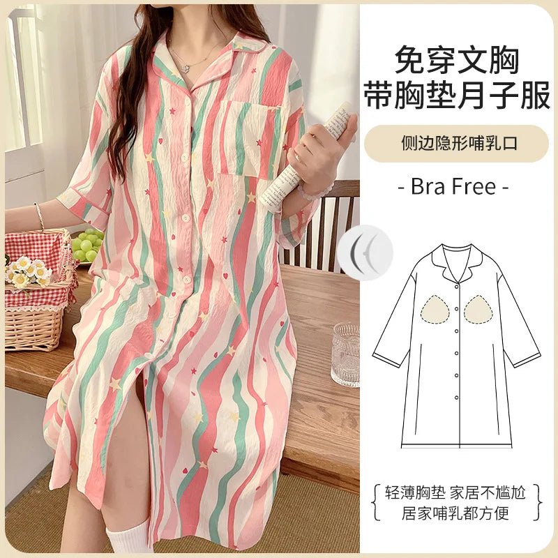 Plus Size Bra Free Nightgown Summer Cloud Cotton Short-sleeved Maternity Home Dress Loose Postpartum Breastfeeding Loungewear